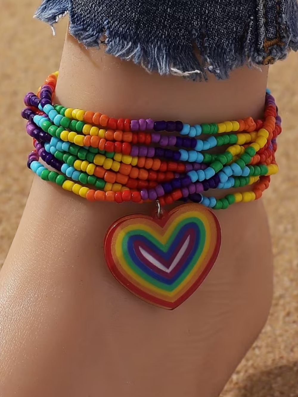 Rainbow Beaded Anklet with Heart Charm NEW womens